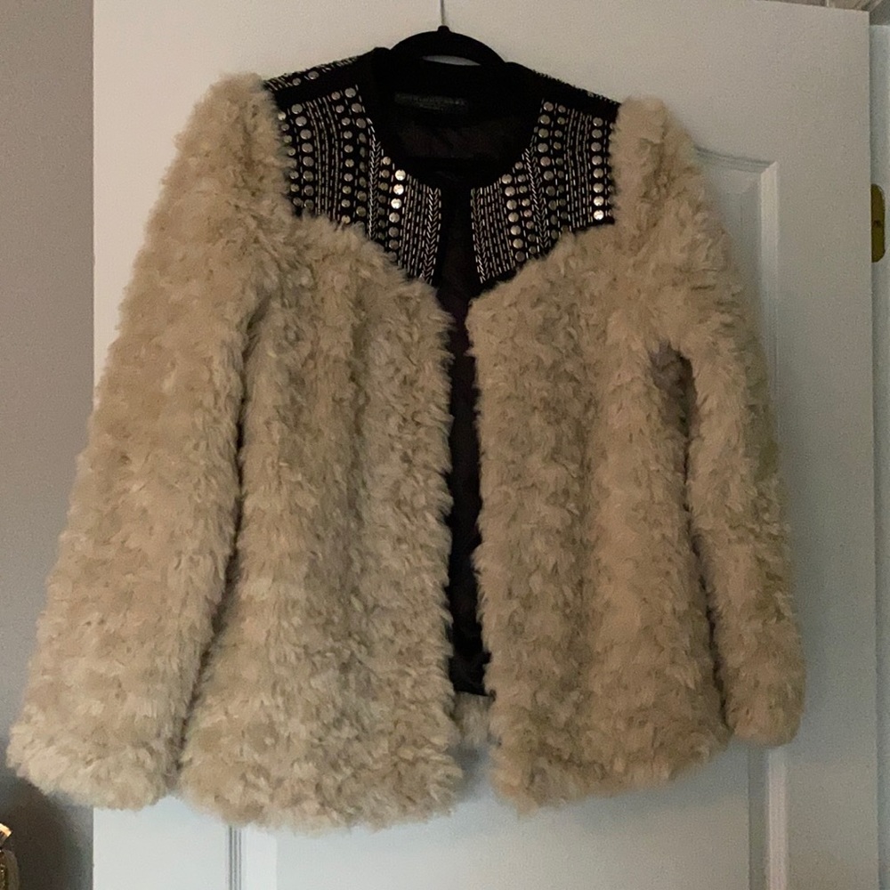 Button up fur jacket with beaded details